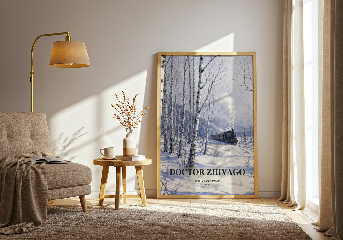 Doctor Zhivago watercolour print in frame leaning in hallway – historical fiction wall art (mockup)