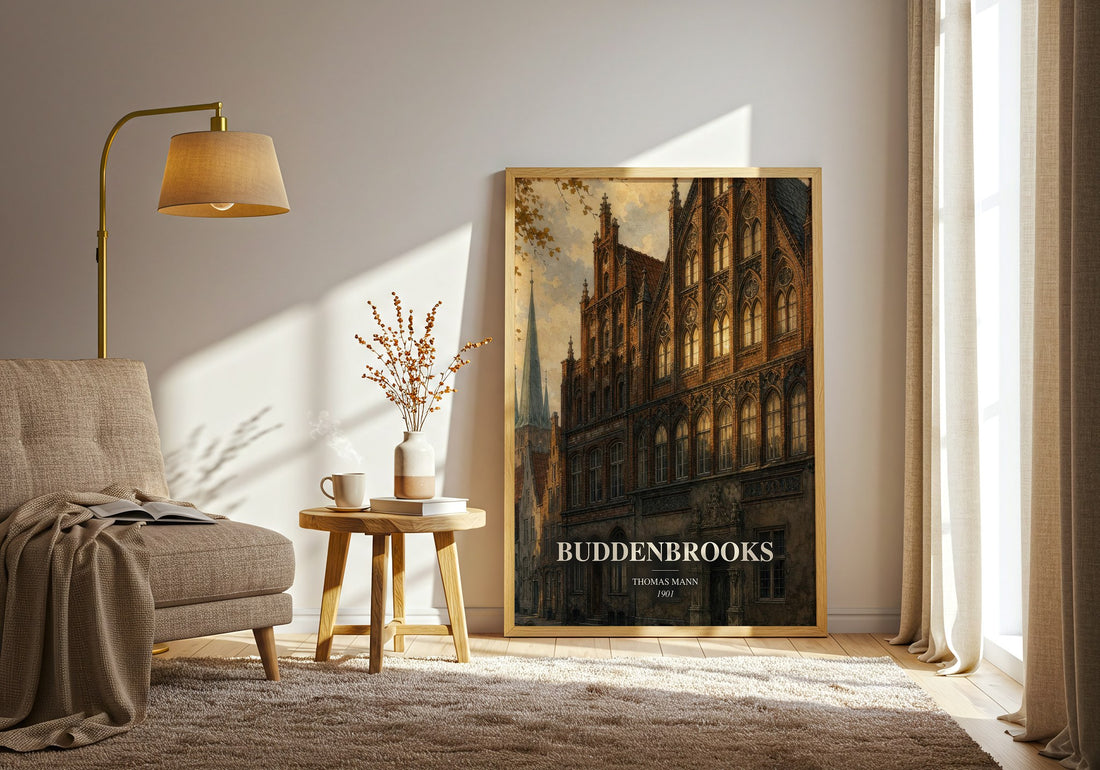 Buddenbrooks watercolour print in frame leaning in hallway – literary fiction wall art (mockup)