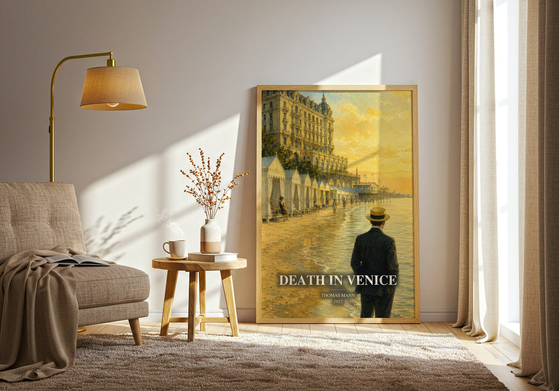 Death in Venice watercolour print in frame leaning in hallway – literary fiction wall art (mockup)