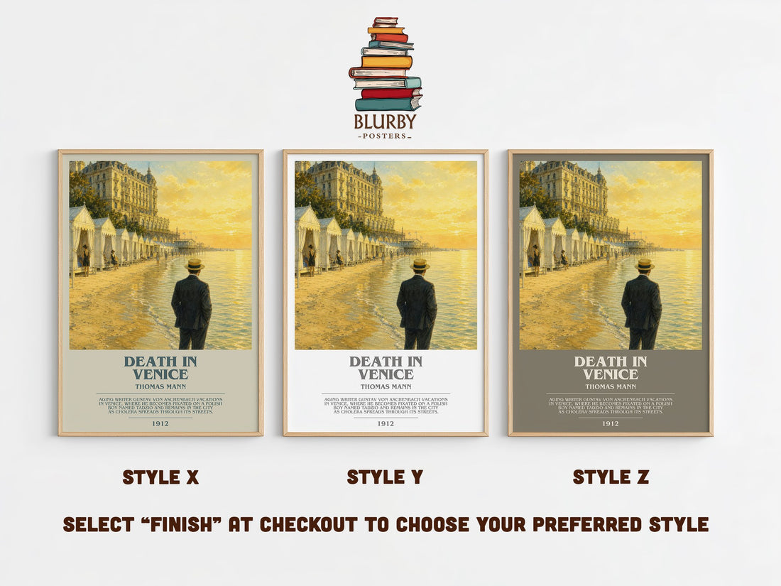 Death in Venice bookish print in frame leaning in hallway – literary fiction wall art (mockup)