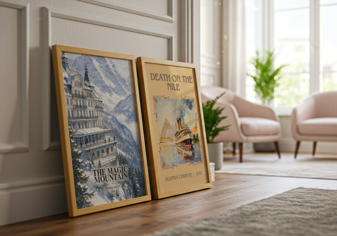 The Magic Mountain watercolour print framed by window – literary home decor