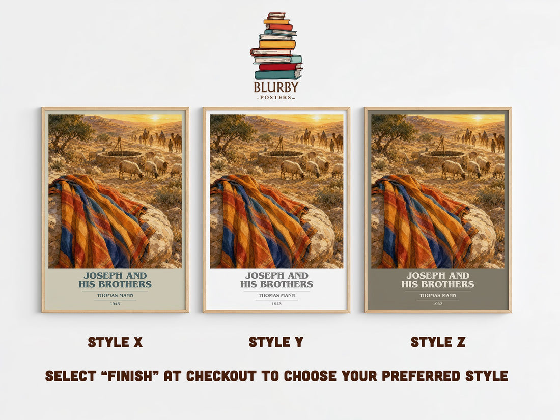 Joseph and His Brothers book cover print in frame leaning in hallway – literary fiction wall art (mockup)