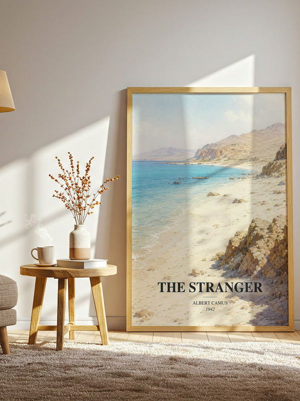 The Stranger watercolour print in frame leaning in hallway – literary fiction wall art