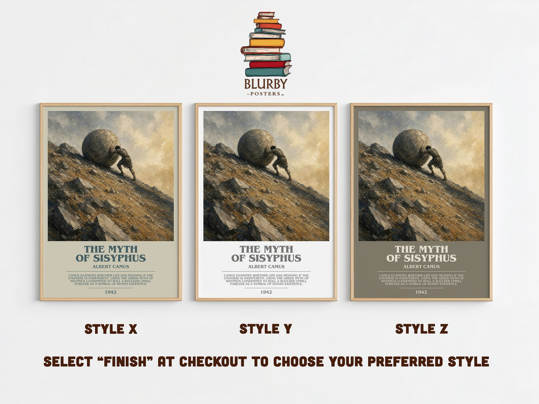 The Myth of Sisyphus bookish print in frame leaning in hallway – philosophy wall art (mockup)