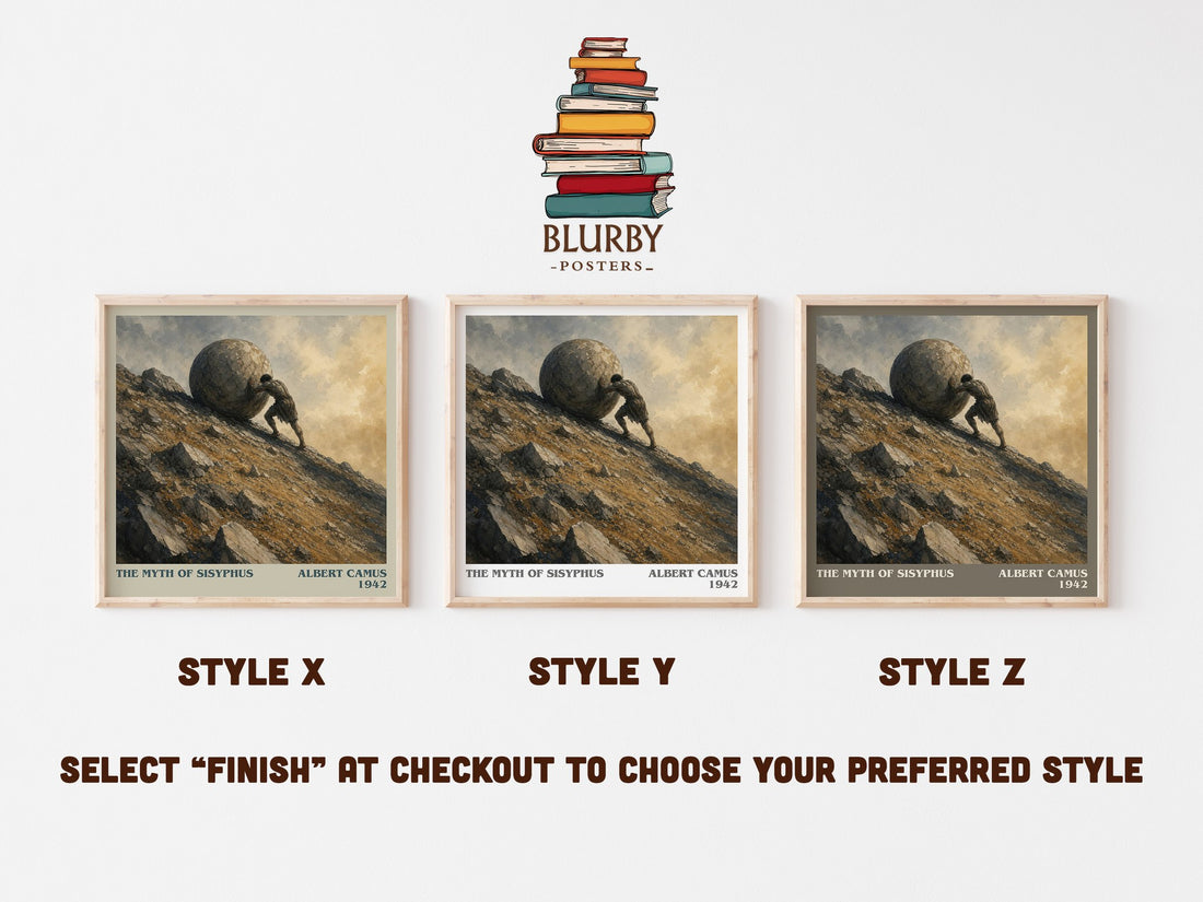The Myth of Sisyphus literary print in frame leaning in hallway – philosophy wall art (mockup)