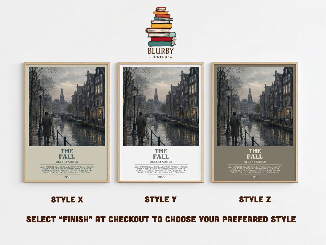 The Fall bookish print in frame leaning in hallway – philosophy wall art (mockup)