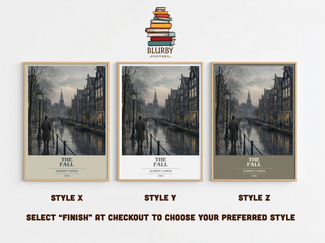 The Fall book cover print in frame leaning in hallway – philosophy wall art (mockup)