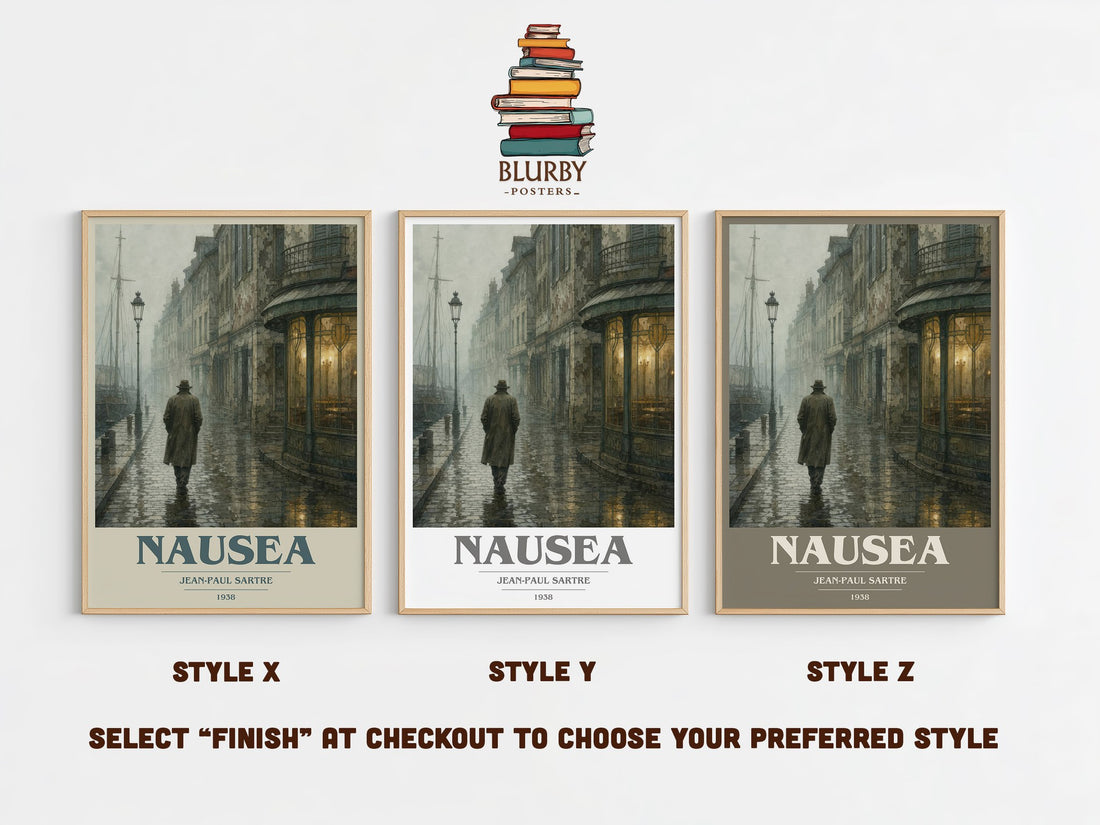 Nausea book cover print in frame leaning in hallway – philosophy wall art (mockup)