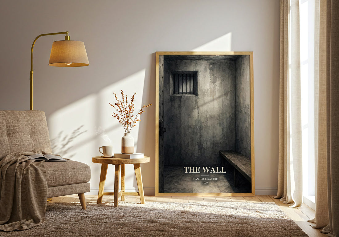 The Wall watercolour print in frame leaning in hallway – philosophy wall art (mockup)