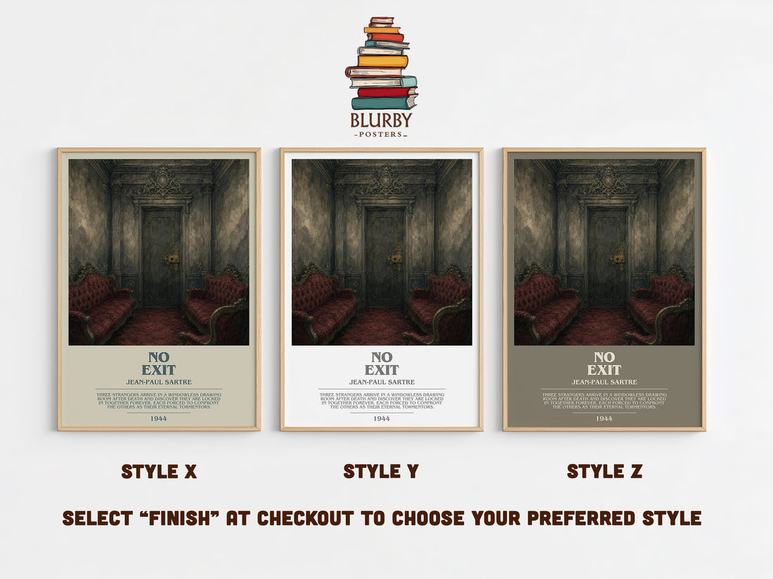 No Exit bookish print in frame leaning in hallway – philosophy wall art (mockup)