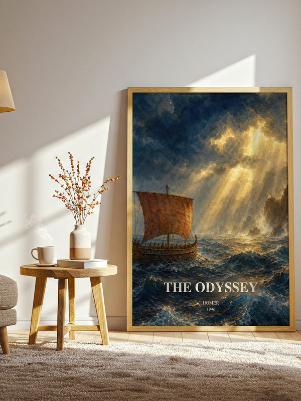 The Odyssey watercolour print in frame leaning in hallway – classic literature wall art