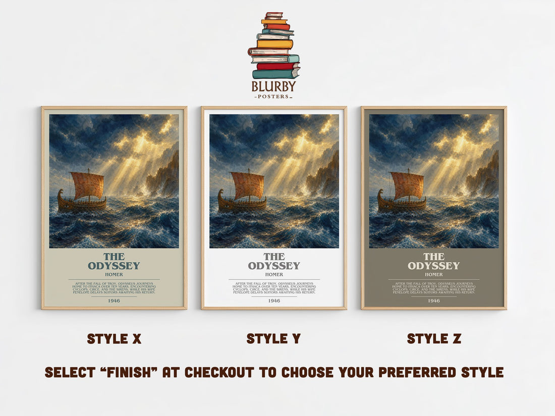 The Odyssey bookish print in frame leaning in hallway – classic literature wall art (mockup)