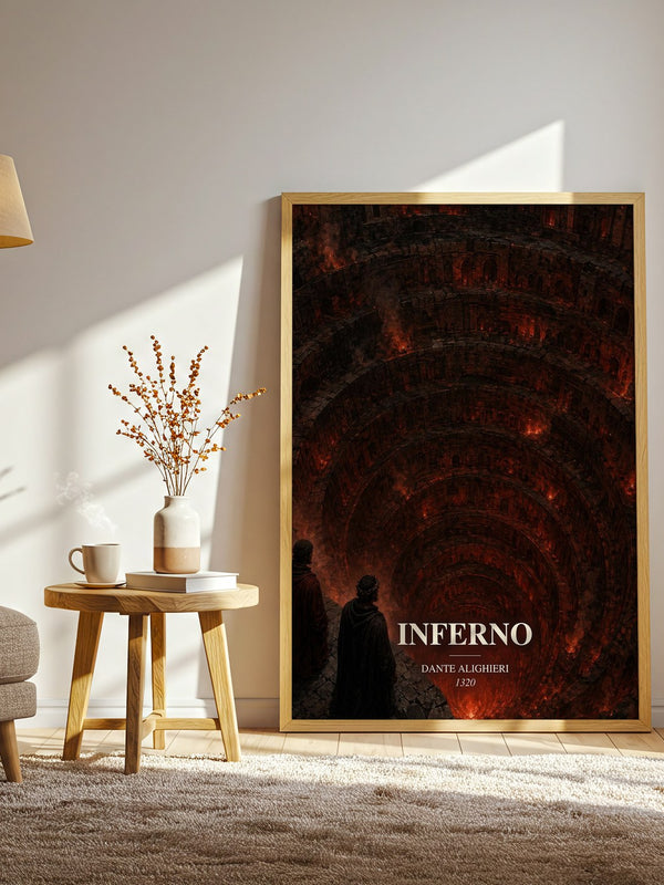 Inferno watercolour print in frame leaning in hallway – poetry wall art