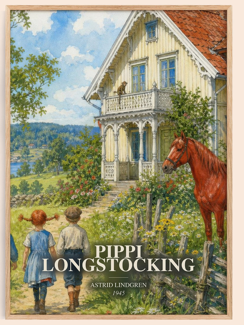 Pippi Longstocking watercolour book poster by Astrid Lindgren – framed literary art print