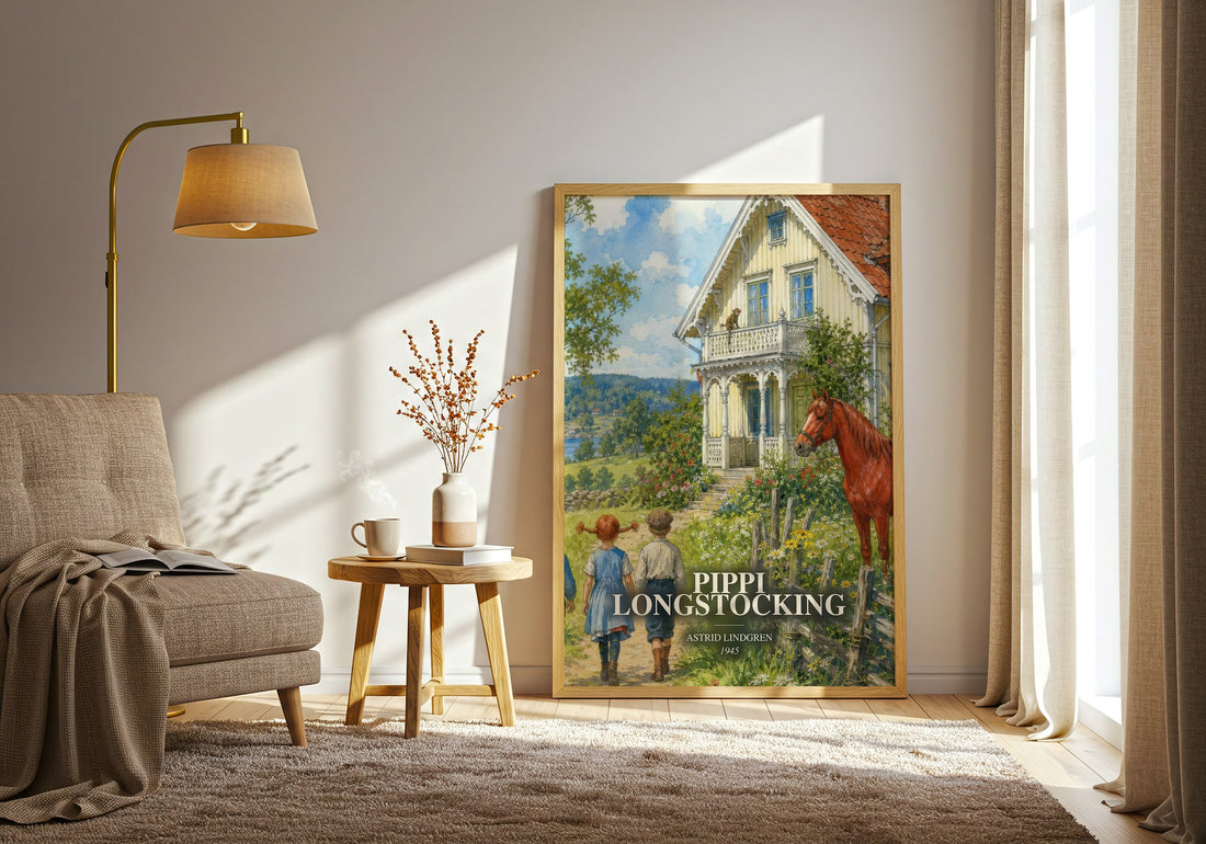 Pippi Longstocking watercolour print in frame leaning in hallway – childrens wall art (mockup)