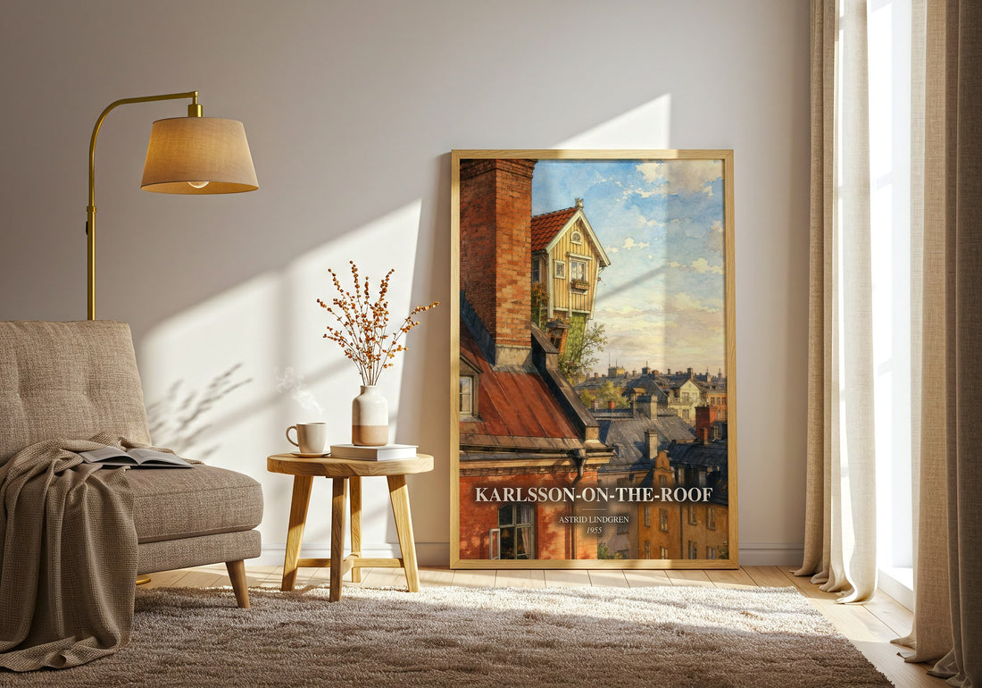Karlsson-on-the-Roof watercolour print in frame leaning in hallway – childrens wall art (mockup)