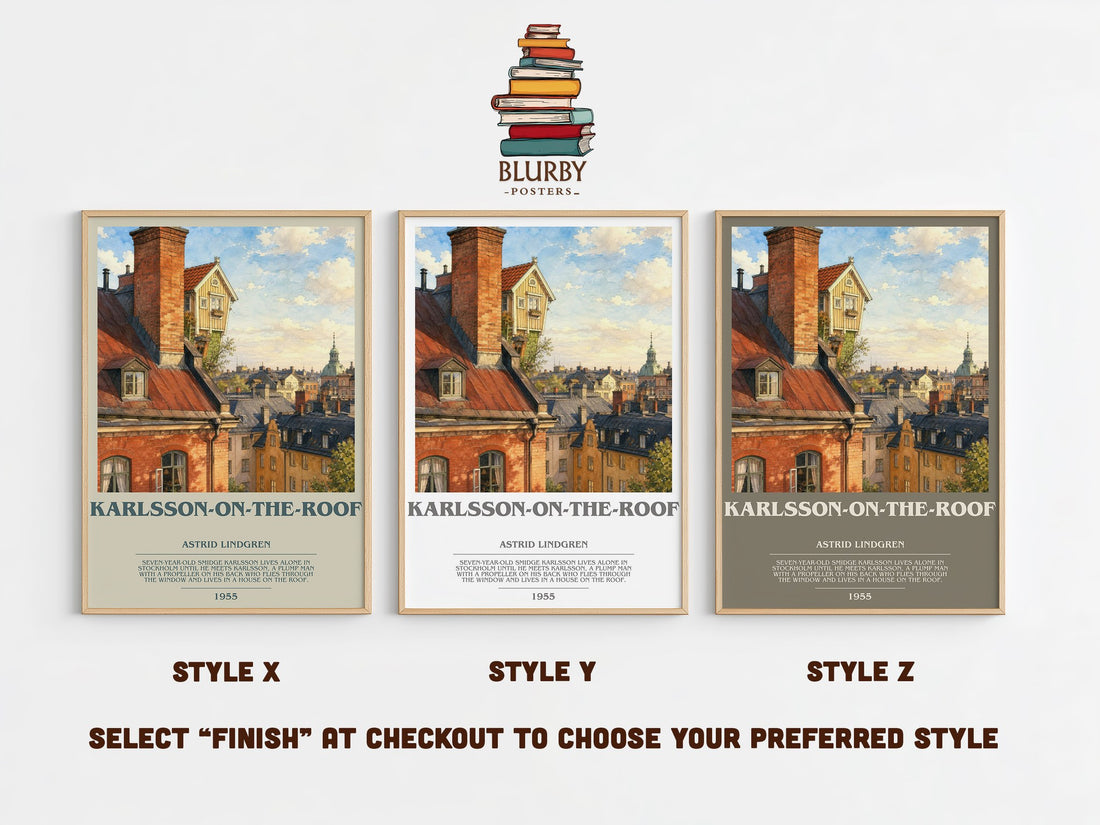 Karlsson-on-the-Roof bookish print in frame leaning in hallway – childrens wall art (mockup)