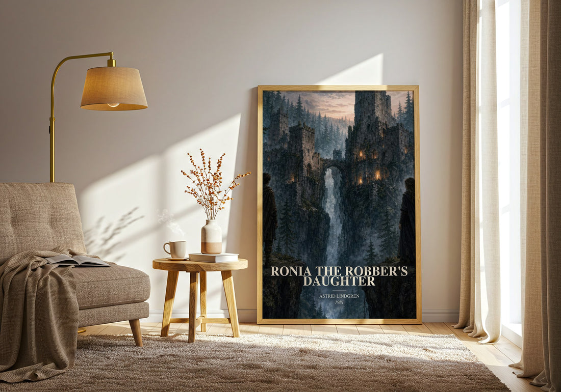 Ronia the Robber's Daughter watercolour print in frame leaning in hallway – childrens wall art (mockup)