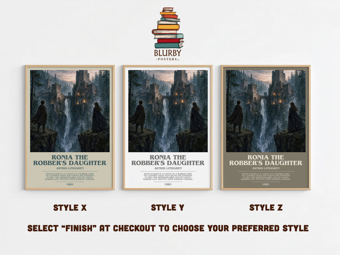 Ronia the Robber's Daughter bookish print in frame leaning in hallway – childrens wall art (mockup)