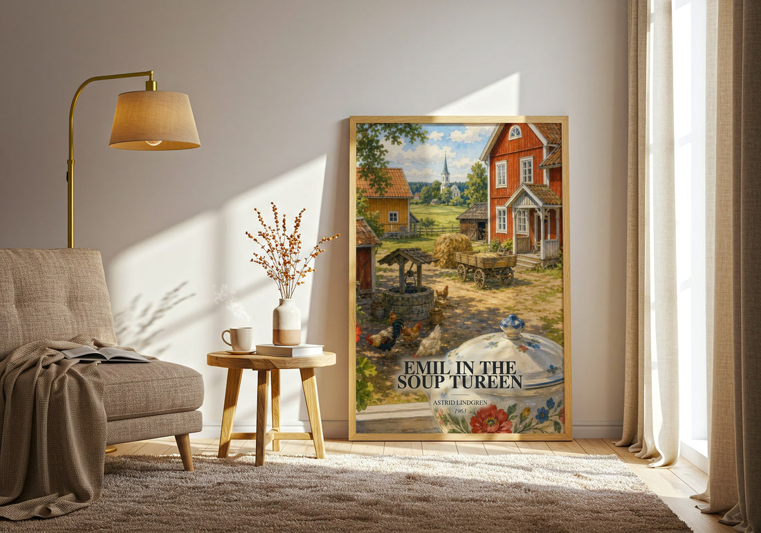 Emil in the Soup Tureen watercolour print in frame leaning in hallway – childrens wall art (mockup)