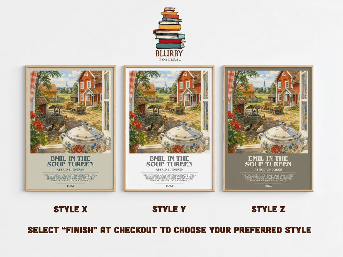 Emil in the Soup Tureen bookish print in frame leaning in hallway – childrens wall art (mockup)