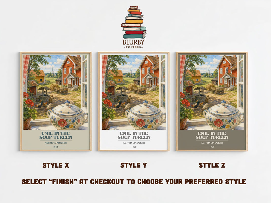 Emil in the Soup Tureen book cover print in frame leaning in hallway – childrens wall art (mockup)