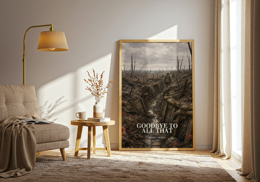Goodbye to All That watercolour print in frame leaning in hallway – memoir wall art (mockup)