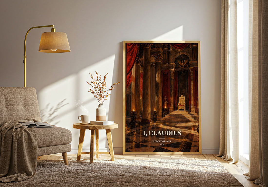I, Claudius watercolour print in frame leaning in hallway – historical fiction wall art (mockup)