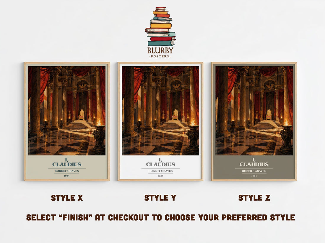 I, Claudius book cover print in frame leaning in hallway – historical fiction wall art (mockup)