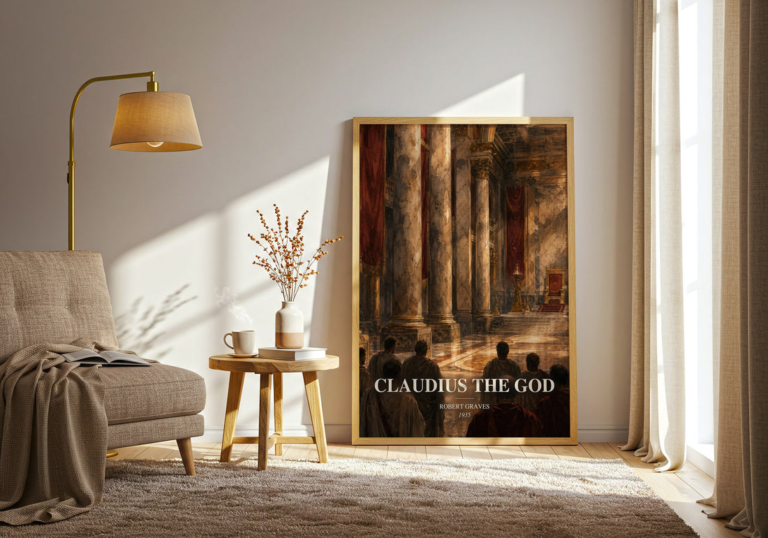 Claudius the God watercolour print in frame leaning in hallway – historical fiction wall art (mockup)