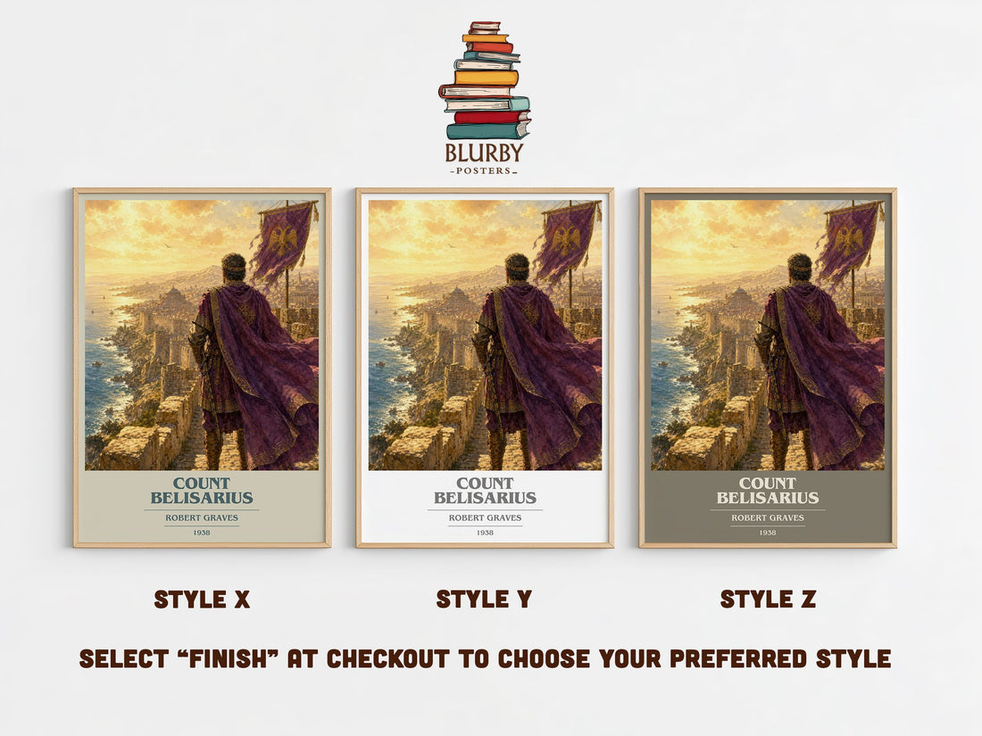 Count Belisarius book cover print in frame leaning in hallway – historical fiction wall art (mockup)