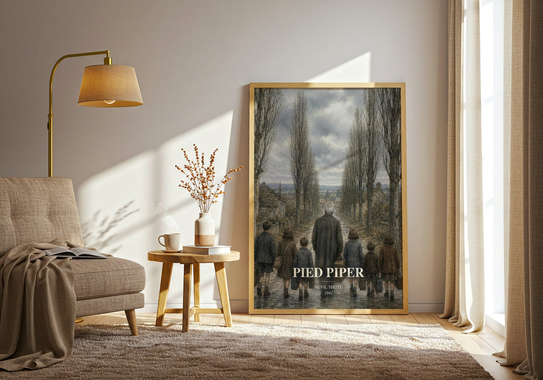 Pied Piper watercolour print in frame leaning in hallway – historical fiction wall art (mockup)