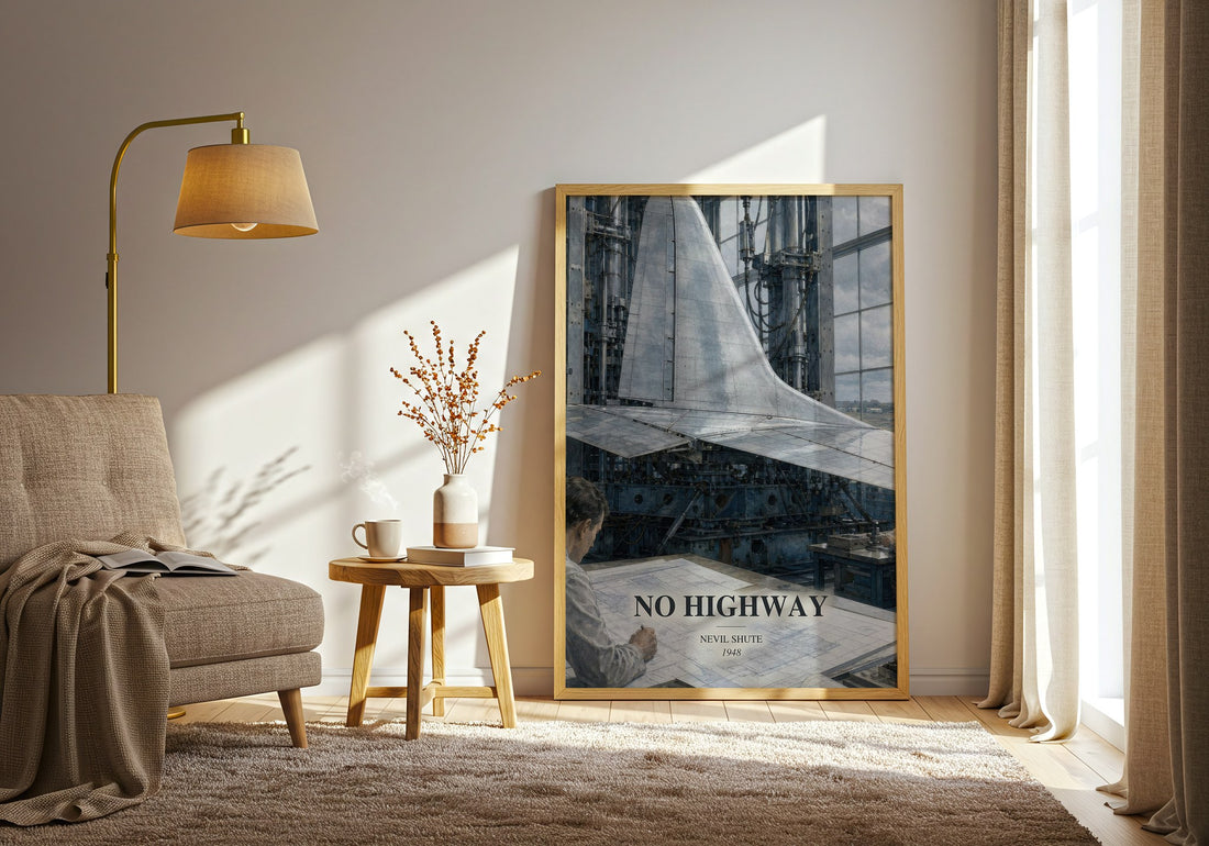 No Highway watercolour print in frame leaning in hallway – literary fiction wall art (mockup)