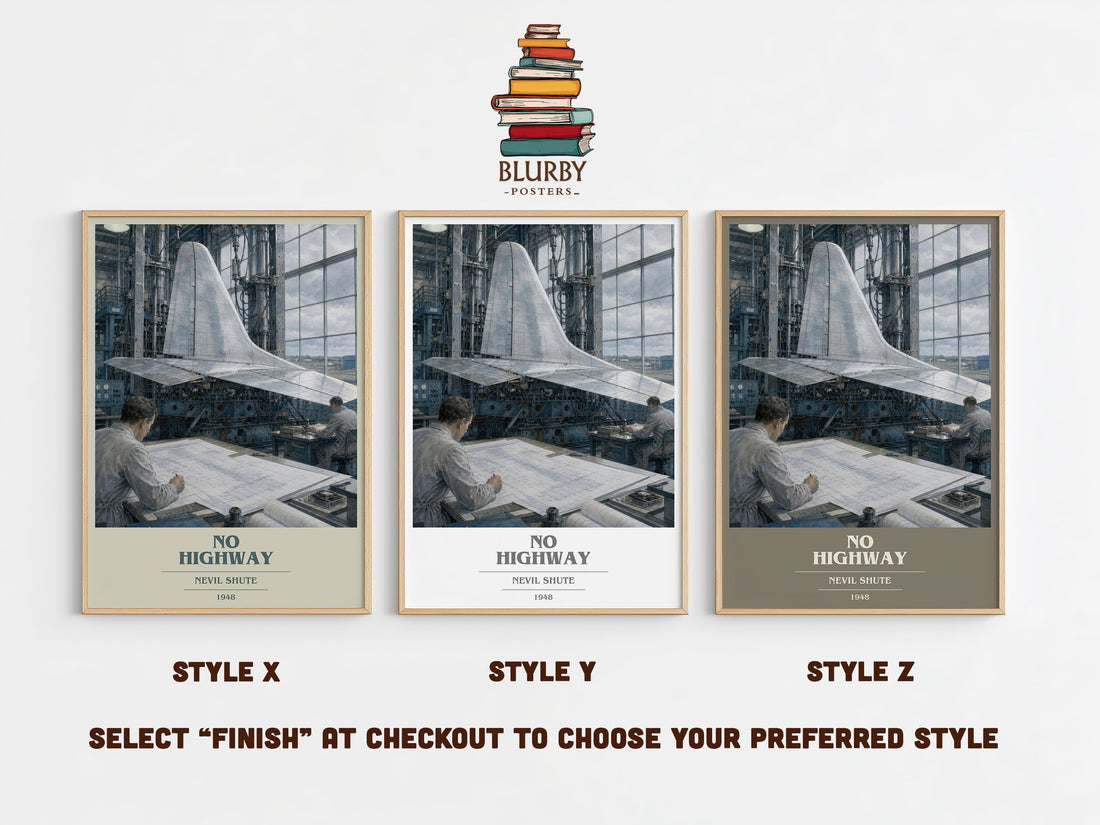 No Highway book cover print in frame leaning in hallway – literary fiction wall art (mockup)