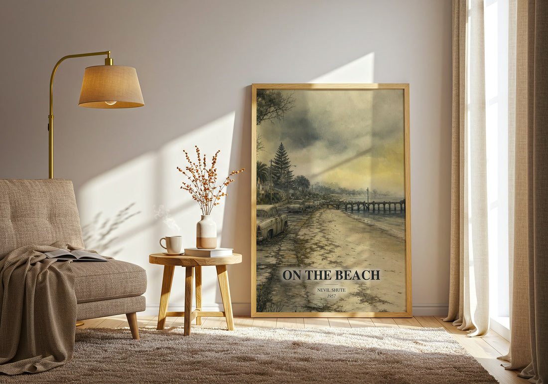 On the Beach watercolour print in frame leaning in hallway – sci fi wall art (mockup)