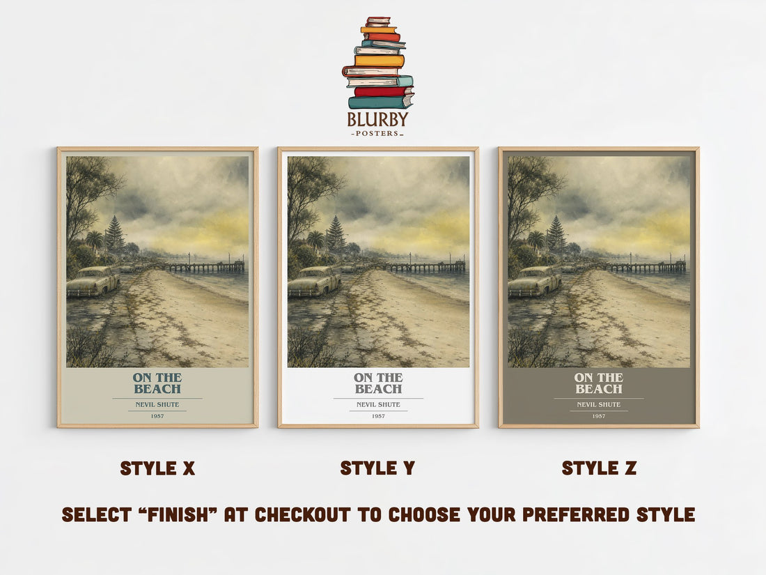 On the Beach book cover print in frame leaning in hallway – sci fi wall art (mockup)