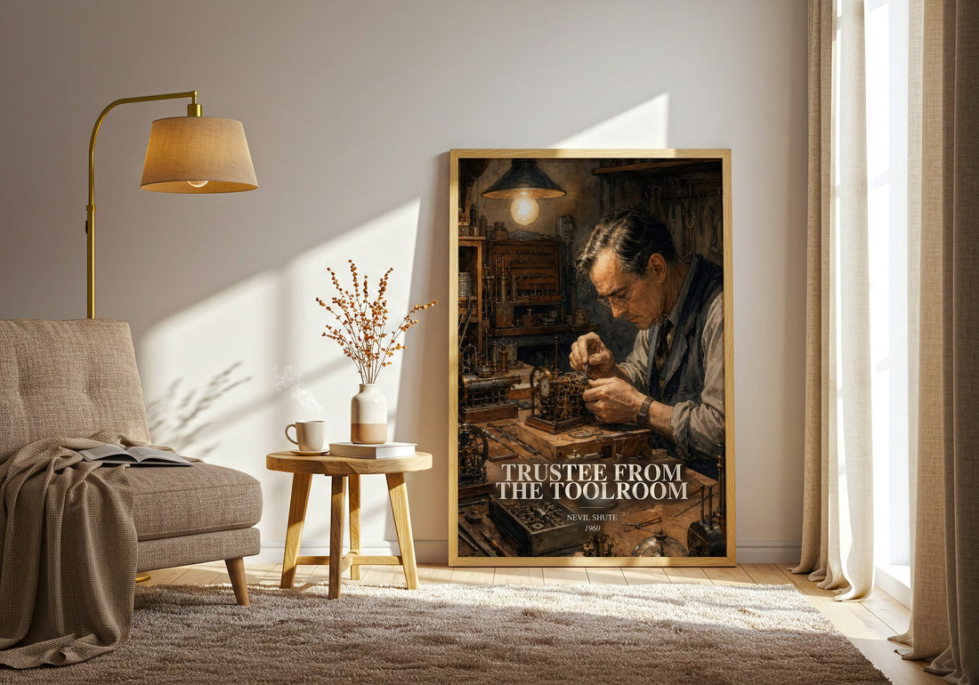 Trustee from the Toolroom watercolour print in frame leaning in hallway – adventure wall art (mockup)