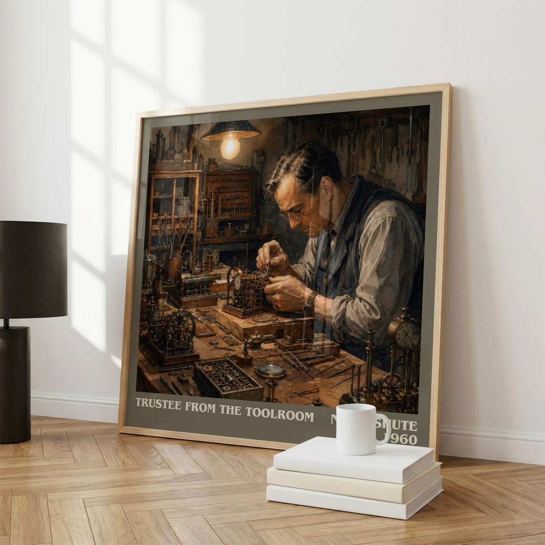Trustee from the Toolroom literary print framed by window – literary home decor