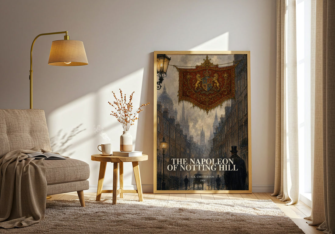 The Napoleon of Notting Hill watercolour print in frame leaning in hallway – satire wall art (mockup)