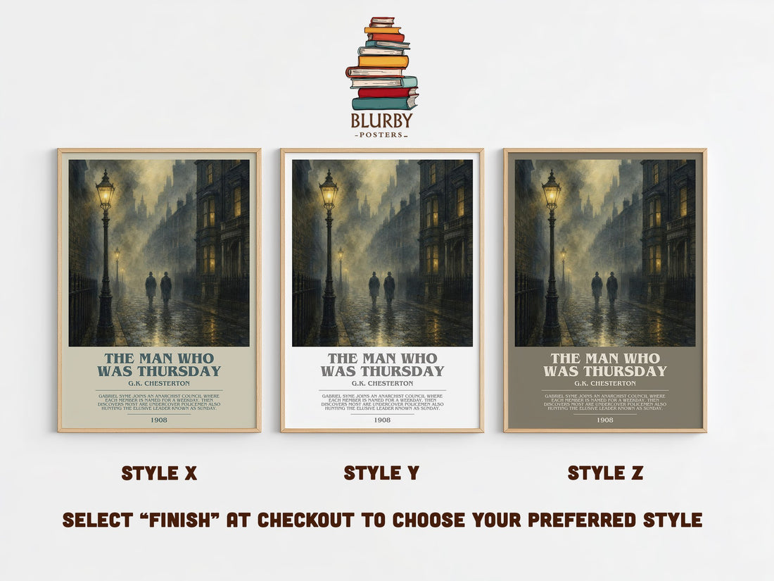 The Man Who Was Thursday bookish print in frame leaning in hallway – mystery wall art (mockup)