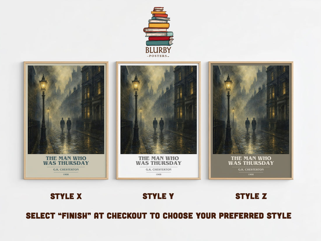 The Man Who Was Thursday book cover print in frame leaning in hallway – mystery wall art (mockup)