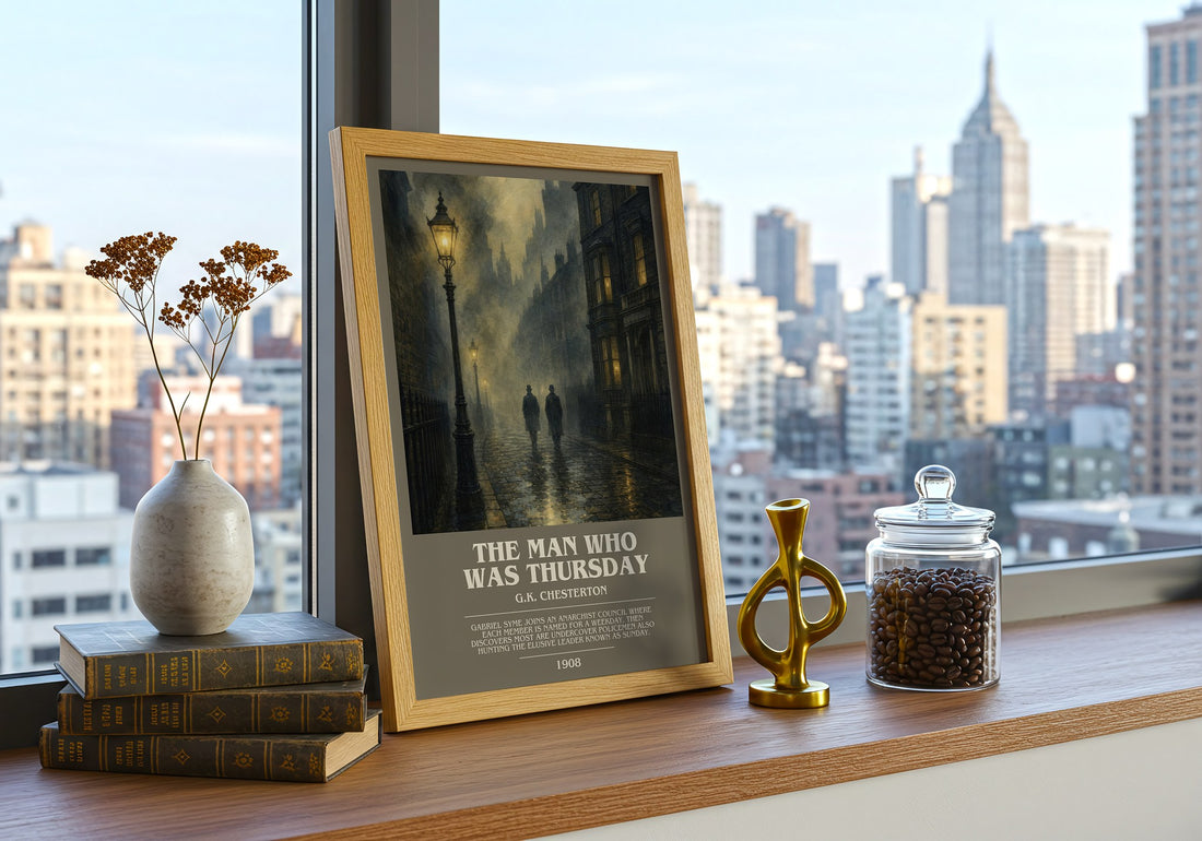 The Man Who Was Thursday bookish print framed by window – literary home decor