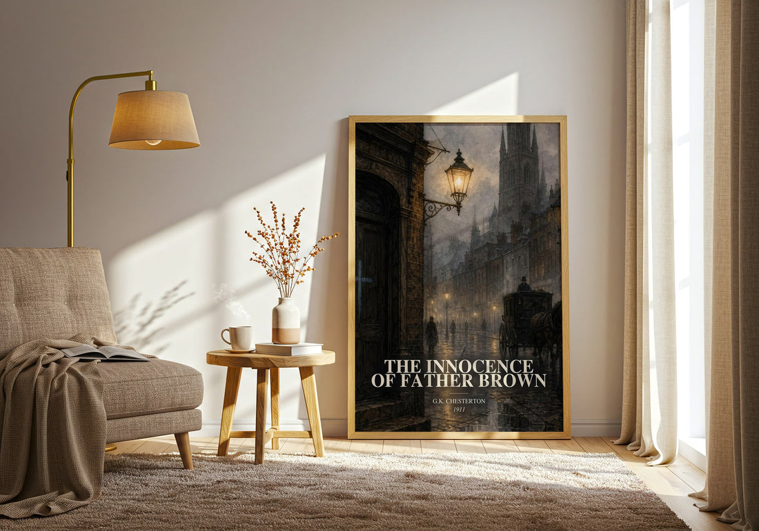 The Innocence of Father Brown watercolour print in frame leaning in hallway – mystery wall art (mockup)
