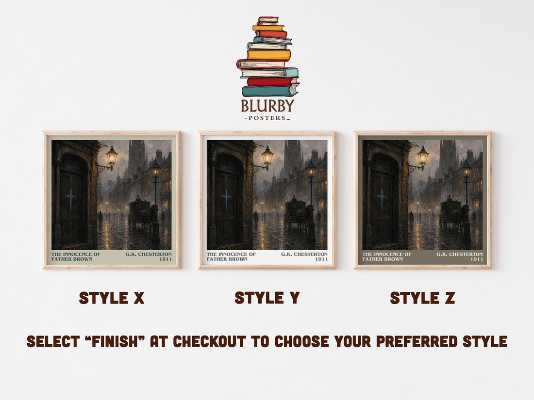 The Innocence of Father Brown literary print in frame leaning in hallway – mystery wall art (mockup)
