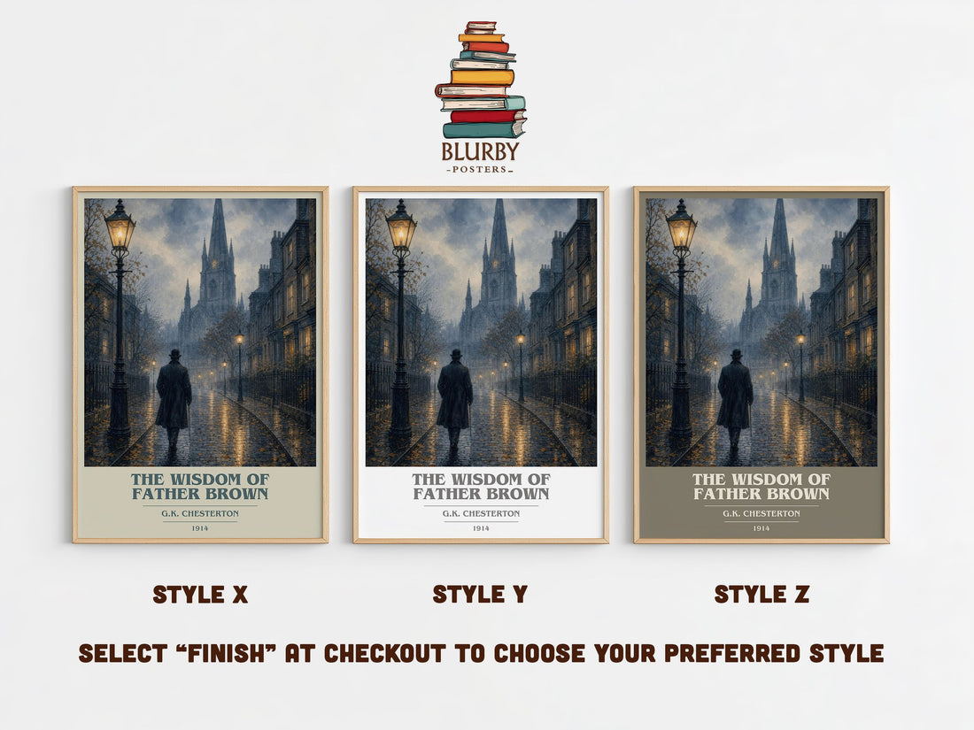 The Wisdom of Father Brown book cover print in frame leaning in hallway – mystery wall art (mockup)