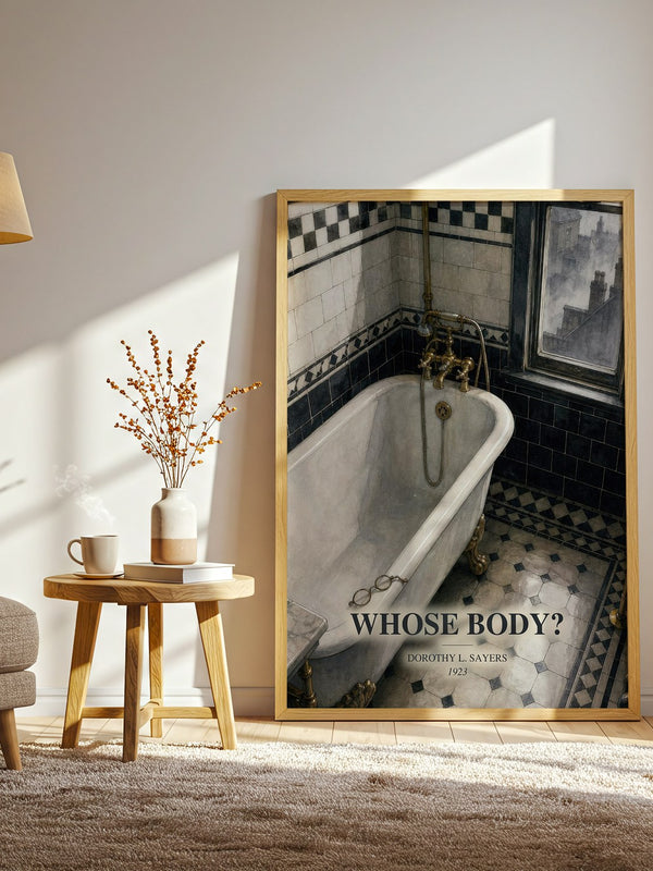 Whose Body? watercolour print in frame leaning in hallway – mystery wall art