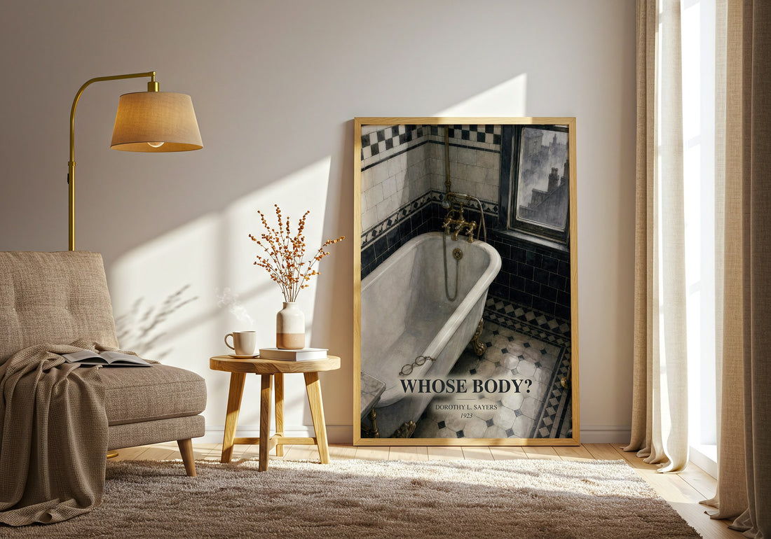 Whose Body? watercolour print in frame leaning in hallway – mystery wall art (mockup)