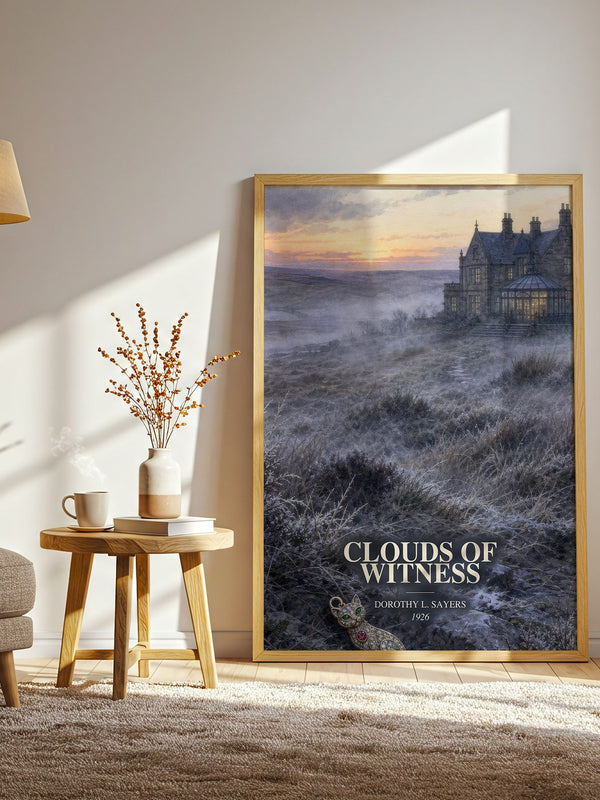 Clouds of Witness watercolour print in frame leaning in hallway – mystery wall art
