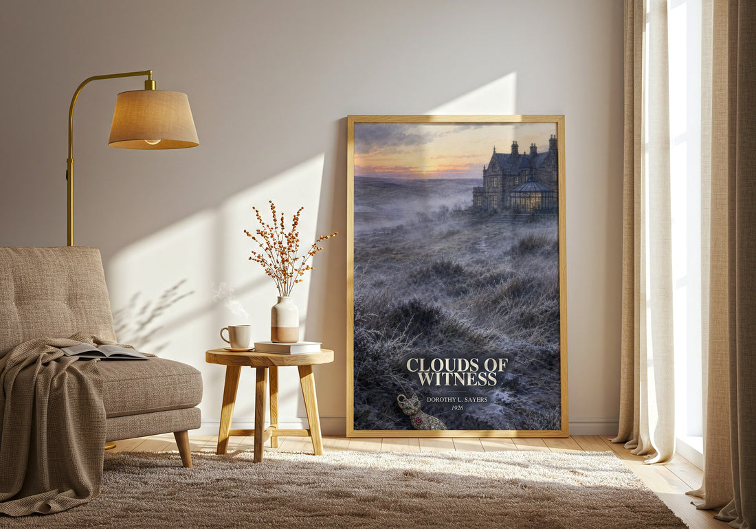Clouds of Witness watercolour print in frame leaning in hallway – mystery wall art (mockup)