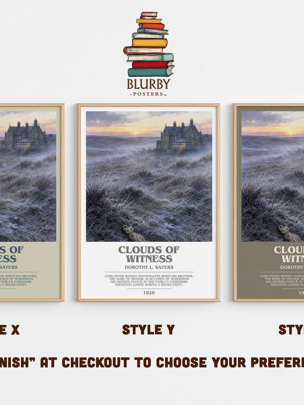 Clouds of Witness bookish print in frame leaning in hallway – mystery wall art